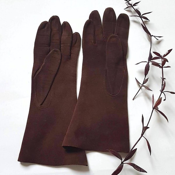 Vintage gants cuir marron accessoire mode fait en France taille 6 cousu main femme hiver années 50 anciens brocante habit vêtement petits