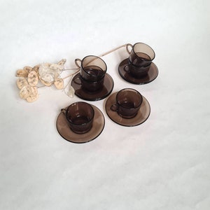 Vintage cups coffee tea service saucer smoked glass tableware Vereco made in France French set 6 retro brown breakfast dish flea market