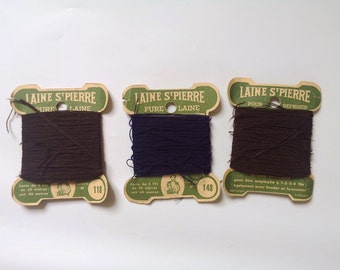 Vintage haberdashery supply 3 cardboards yarn pure wool darning Saint Pierre France sewing accessory spool materials work needle flea market