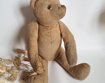 Vintage ours peluche ourson ancien 1900 fait main jouet époque rembourrage paille collection décoration yeux verre articulé enfance France