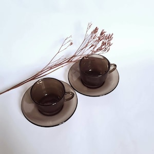 Vintage cup glass coffee tea Vereco saucer 2 two headed France french washable art smoked brown transparent tableware retro flea market