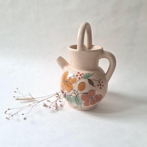 Vintage Tekanna/Fransk Keramik/Gult Blommönster/1970-tals Retrostil/Rustik Lantlig/Heminredning/Handmålad