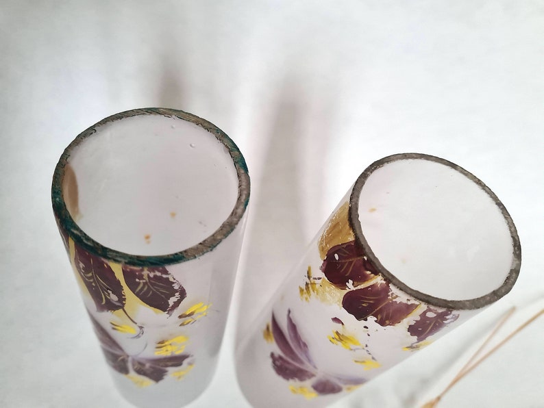 Vintage vase two opaque frosted glass tops tube pattern purple parma yellow flowery floral bouquet decorative decoration home interior decor image 6