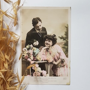 Vintage carte postale/noir blanc rose/couple fleurs/courrier ancien/lettre ancienne/photo amour correspondance/France française collection
