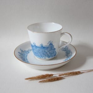 Vintage mug tea coffee France porcelain blue white "Souvenir Universal Exhibition 1878" service Paris Sciences home decor flea market