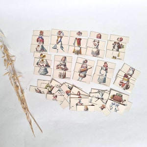 Vintage puzzelspel karakter kostuums oud tijdperk 3 educatieve delen speelgoed kleur om kartonnen kaarten kind collectie te reconstitueren