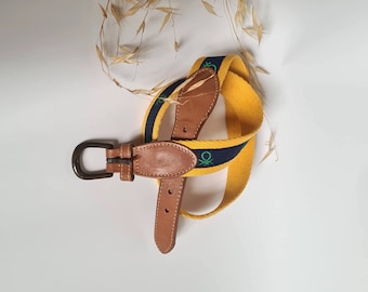 Vintage Benetton riem/kindermodeaccessoire/echt leer katoen canvas/bruin geel blauw groen/metalen gesp logo/gemaakt in Frankrijk