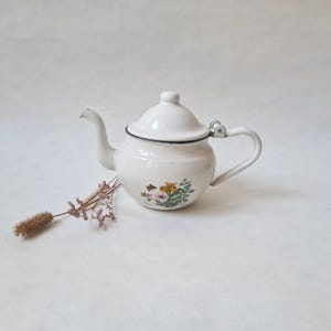 Può includere: Teiera in smalto bianco con bordo nero e design floreale. La teiera ha un beccuccio curvo e un manico. Un rametto di fiori secchi poggia accanto alla teiera. È un oggetto vintage per la cucina.