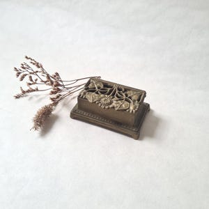 Vintage stamp box/compartments/gold patina brass/desk collection gift/French Art Deco Nouveau period/flower motif/openwork lid/antique chic