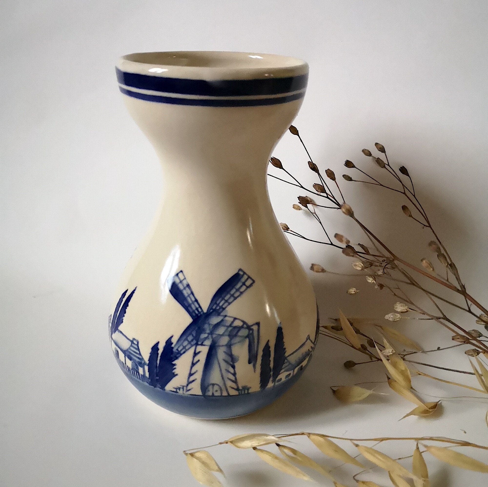 Vintage Vase Soliflore Pot Céramique Blanc Bleu Décoration Intérieure Maison Poterie Fait Main Holla