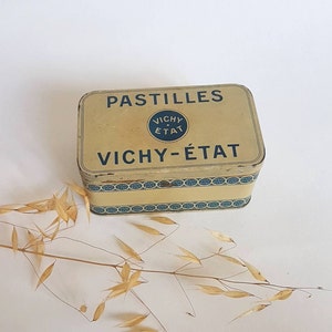 Vintage box metal Vichy Pastilles ecru blue rectangle large storage collection flea market France French retro home candy storage brand