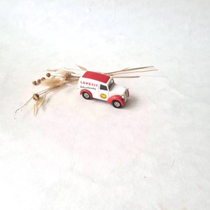 Vintage miniature truck car/Corgi Morris Z Van/old game toy/ advertising Le Petit Camenbert/red white/collection retro style/flea market
