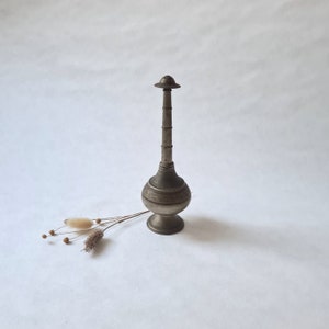 Peut inclure: Un flacon pulvérisateur en métal argenté avec un motif décoratif. Le flacon a un long col fin et une base ronde. Il est posé sur une surface blanche.