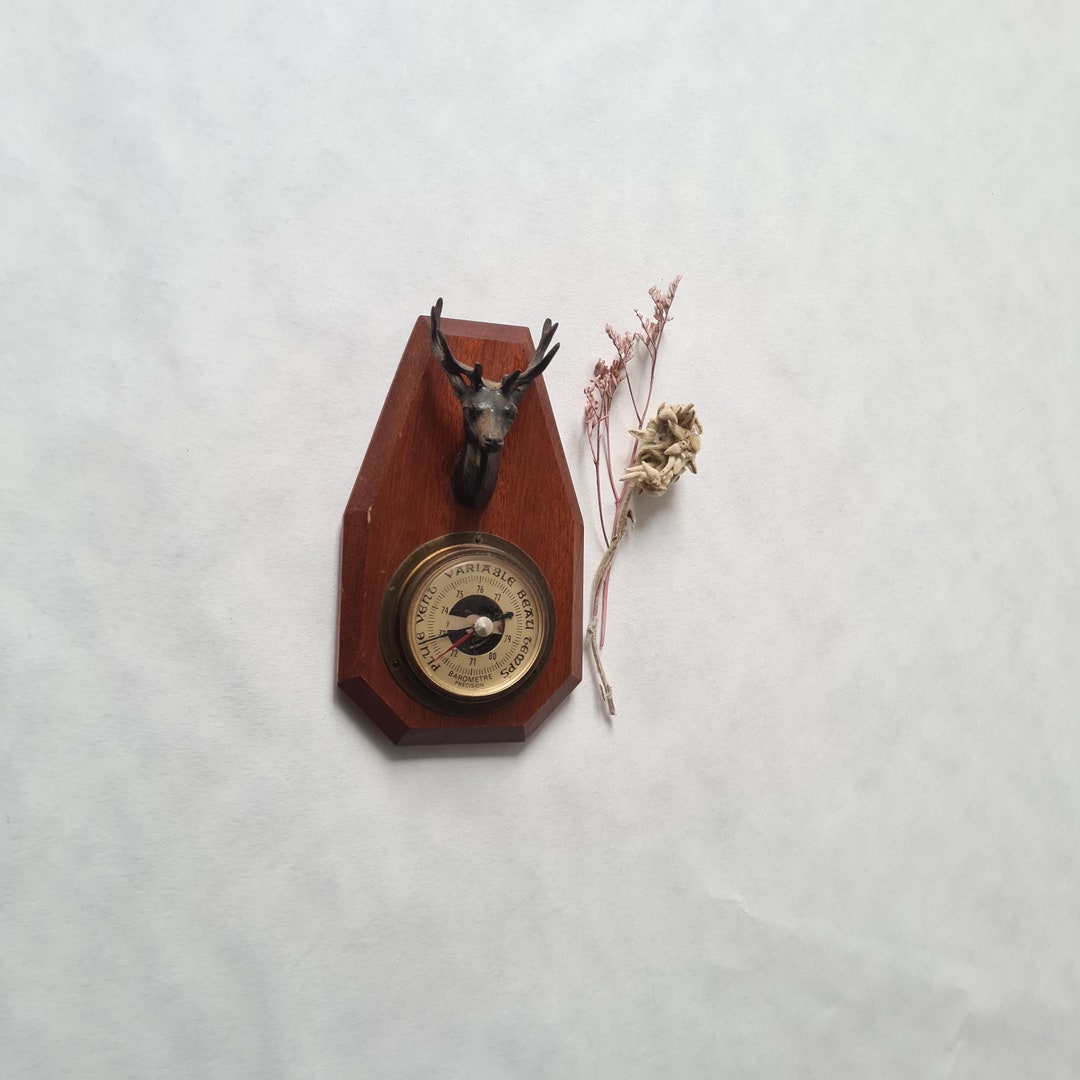 Vintage Barometer Weather Station/wallmounted Wooden Base Golden Brass