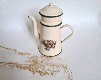 Vintage teapot metal sheet cream colors lid and tea pass handle spout old retro style kitchen home service country chic flea market rustic