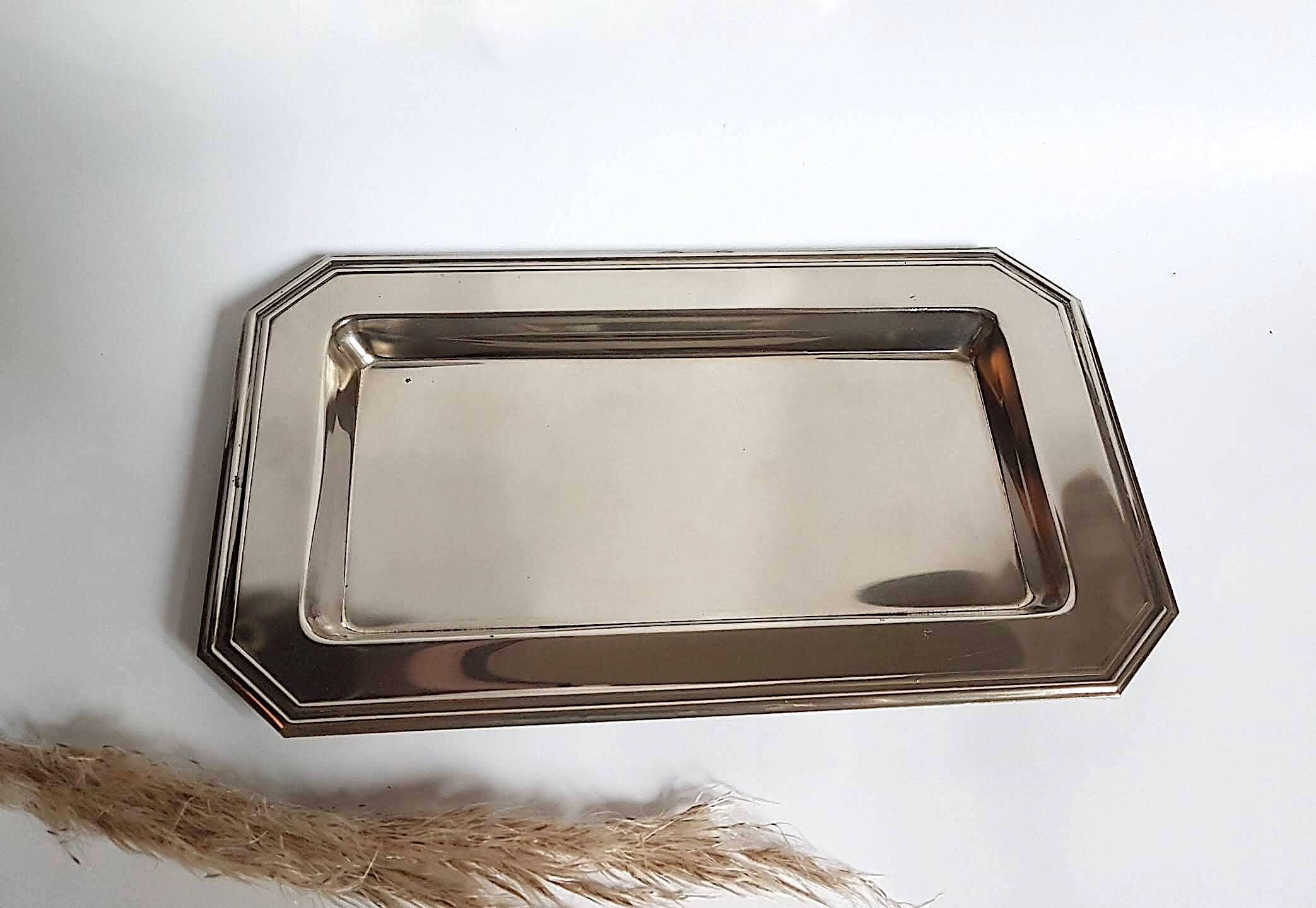 Vintage Plateau Métal Couleur Argent Rectangle Plat Art Déco Table Décoration Salon Maison Décoratif