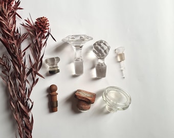 Vintage bouchon verre/ciselé facettes/transparent bois/ancien collection bouteille/ accessoire ustensile/décoratif réutilisable art verrerie