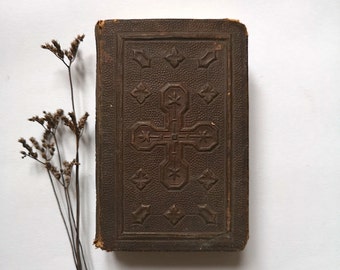 Antikes Gemeindebuch, Gebete, Religion, 1887, alt, 19. Jahrhundert, Spiritualität, Ledereinband, römische Liturgiebüros, lateinische französische Messheilige