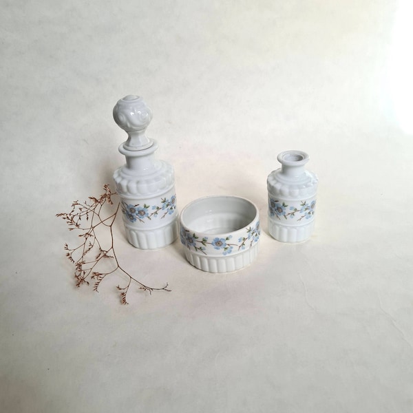 Vintage porcelaine de Paris flacon bocaux pot/blanc motif fleur bleu/décoration décor salle de bains/années 20-30 ancien classique chic