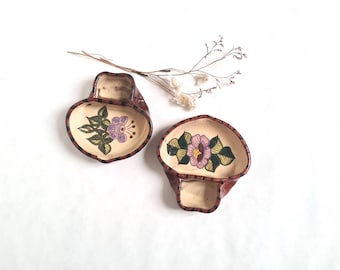 Cuenco de cerámica vintage/vajilla ramekin/vajilla/hecho a mano/patrón floral/plato de cena/juego de 2 pares