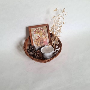Vintage coffret cadeau/corbeille panier osier/bougie blanche porcelaine artisanale/cadre photo bois/ancien fêtes Noel brocante français
