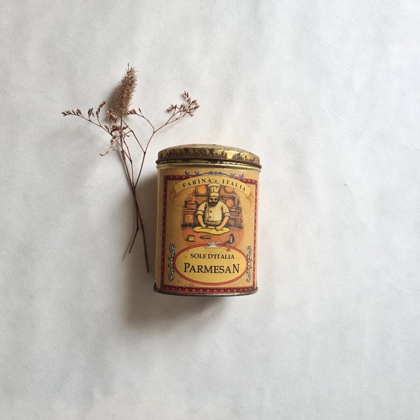 Vintage tin box parmesan sprinkler/yellow red gold/Italy decor Italian kitchen/retro old rustic/advertising advertising storage/collectible