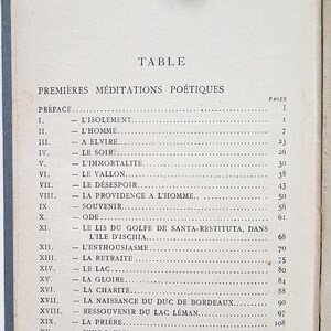 May include: A black and white book with the title "Table Premi&egrave;res M&eacute;ditations Po&eacute;tiques" and a table of contents listing the titles and page numbers of the poems.