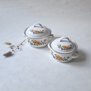 Pode incluir: Duas panelas de esmalte branco com desenhos florais. As panelas têm flores laranja e roxas com folhas verdes. A panela menor está na frente da maior.