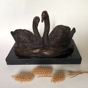 Vintage bronze sculpture/signed Milo/swans bird base marble/interior decoration home /60s antiquity/statue object art collection flea market