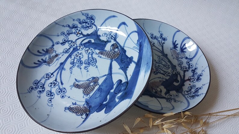 Vintage Plates set Porcelain Old China Asian Art Handcrafted Decor Blue Wall Decoration Home Interior Antiques Collectible flea market image 4