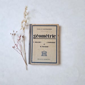 Può includere: Un libro d'epoca intitolato "Géométrie" con una copertina blu e beige. La copertina del libro presenta il testo "Classe de Mathématiques" e i nomi degli autori. Fiori secchi sono posti accanto al libro.