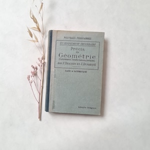 May include: A vintage French textbook, "Précis de Géométrie", with a light blue cover and black text. The book is next to dried floral stems. The cover features the text "NOUVEAUX PROGRAMMES" and "ENSEIGNEMENT SECONDAIRE".
