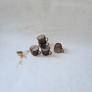 Vintage 5 coffee cups/transparent smoked brown glass/French brand/Vereco France/retro style/tableware 70s service/flea market