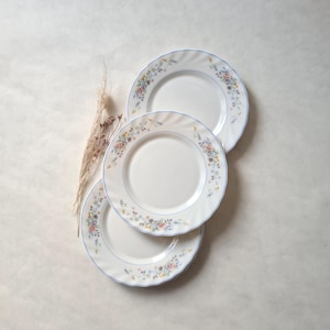 Peut inclure: Trois assiettes en céramique blanche avec un motif floral dans des tons de bleu, rose et jaune. Les assiettes sont empilées les unes sur les autres.