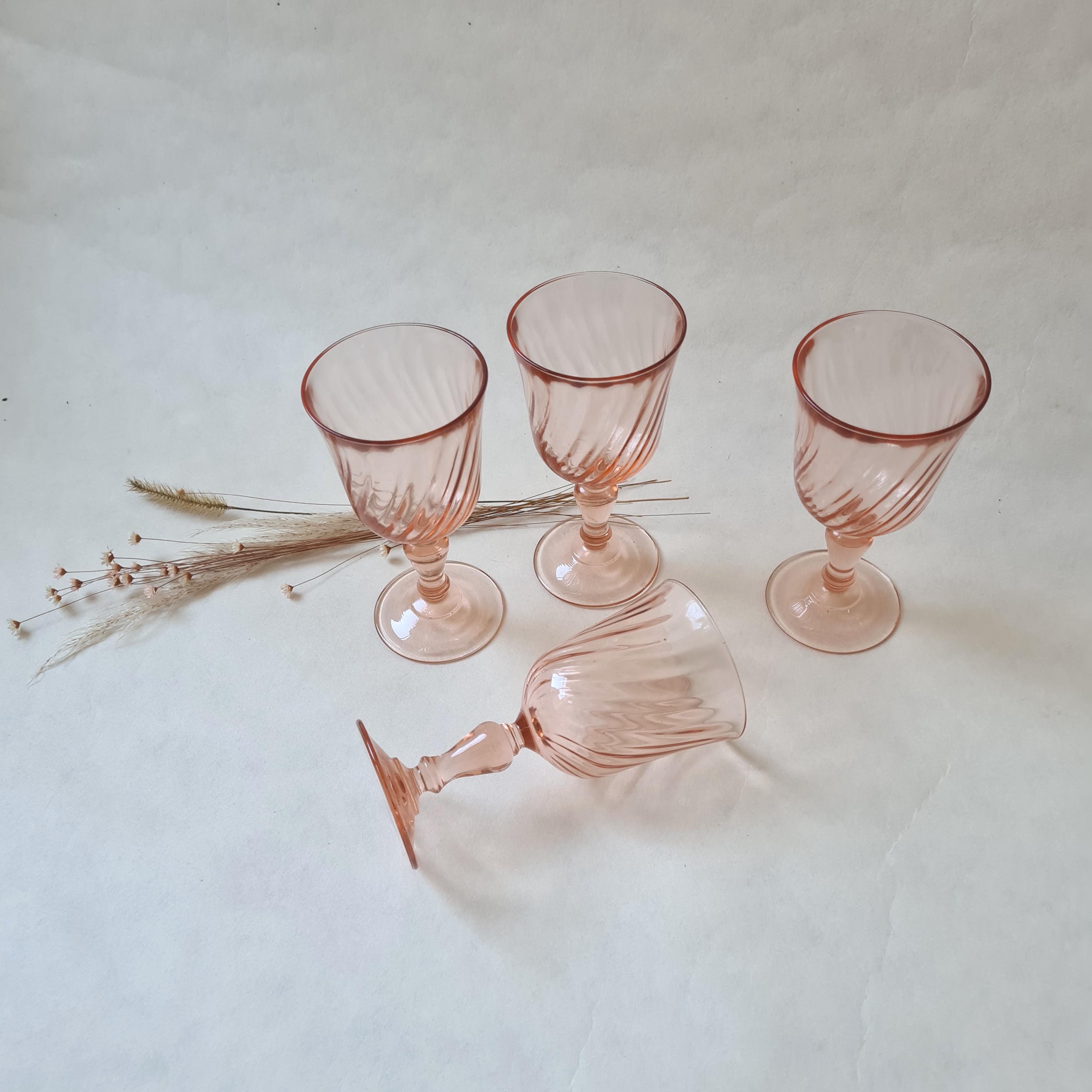 ヴィンテージステムグラス/4個セット/透明ピンク色/フランス製食器