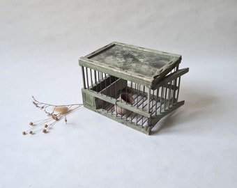 Vintage wooden singing bird transport cage/terracotta feeder side door/grey green color/French victorian 40s-50s/artisanal handmade crafted