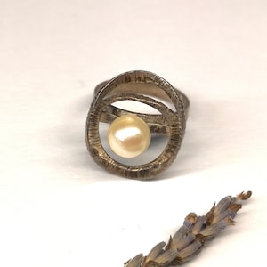 Vintage Silver Jewelry Ring Size 55 White Pearl 50s France Handmade Gift Old French 1950s Fancy Wedding Engagement