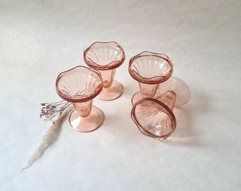 Vintage ice cream dessert cup/lot set of 4 transparent pink glass/French table service/elegant chic/boho shabby/old era 50s-60s/boho shabby