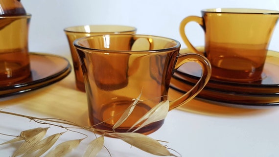 Tazas vintage 4 platillos servicio de vidrio naranja transparente bebida de cafe vajilla Francia retro mesa de arte antiguo copa te almuerzo Etsy Espana