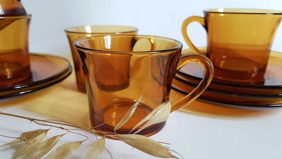 Tazas vintage 4 platillos vidrio naranja café transparente servicio de  bebida vajilla Francia retro arte viejo mesa taza té almuerzo -  México