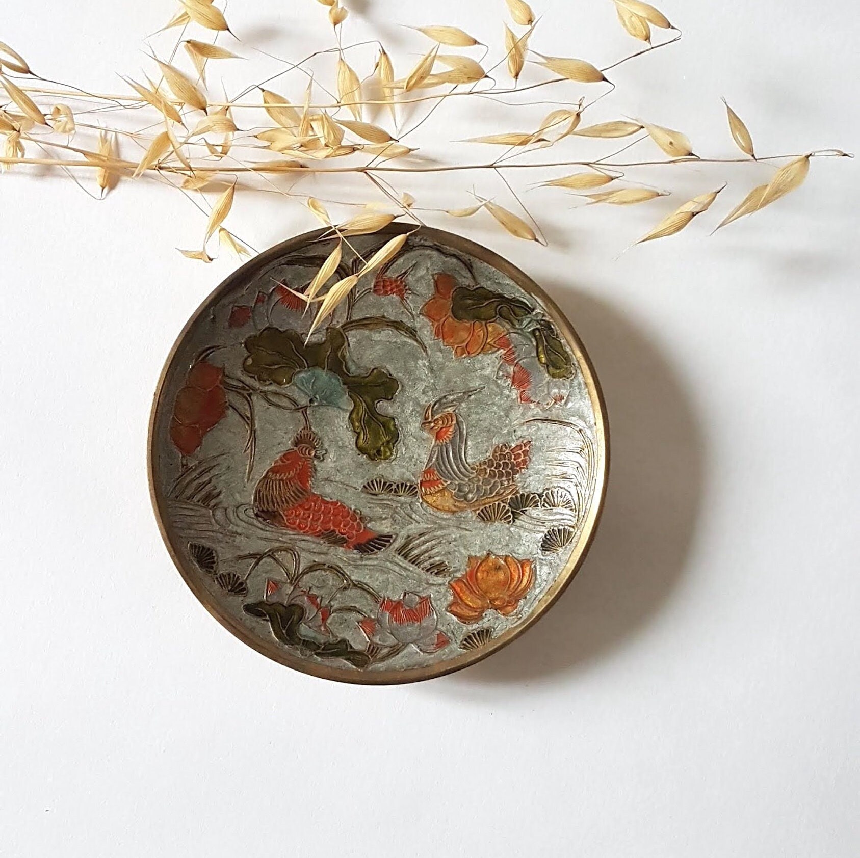 Vintage Coupe Bronze Coupelle Laiton Décoration Fait Main Artisanal Inde Artisanat Émail Émaillé Art