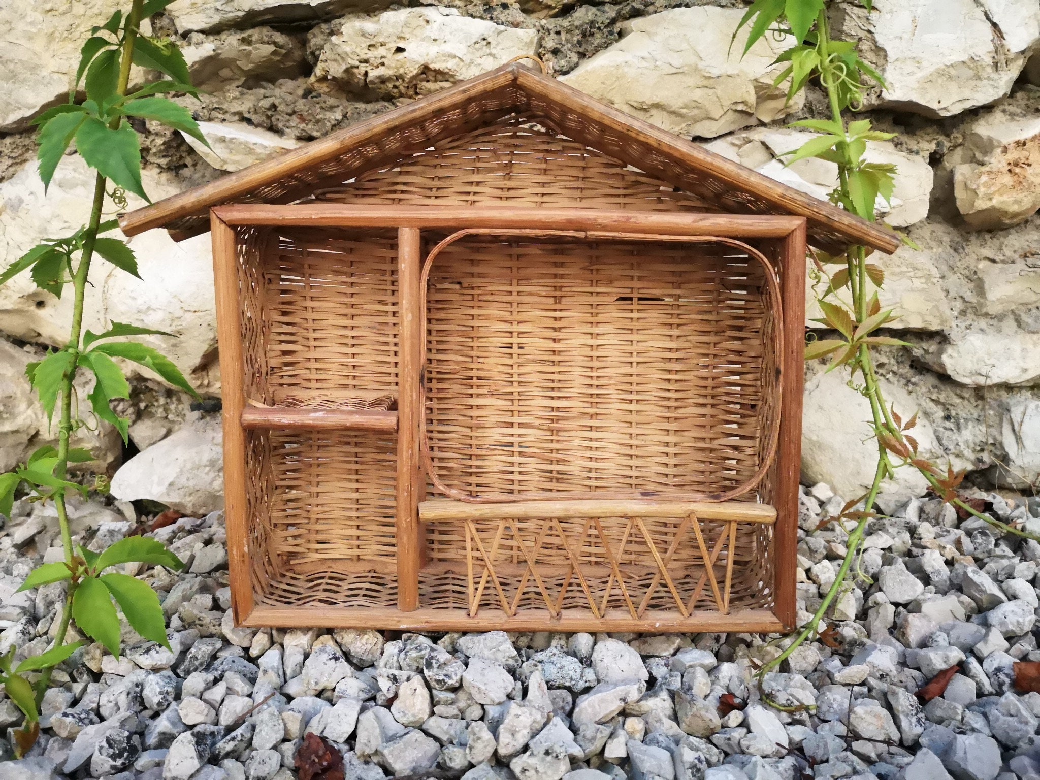 Vintage Étagère Osier Fait Main Décoration Murale Maison Compartiment Rangement Chambre Rotin Forme 