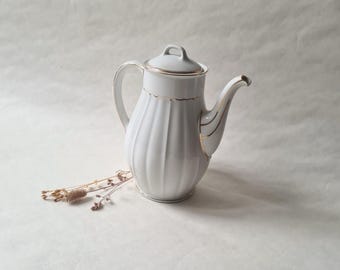 Vintage large fine Bavaria porcelain teapot/white gold/with golden edging/tea coffee table service/old 1950s 50s/classic elegant chic/gift