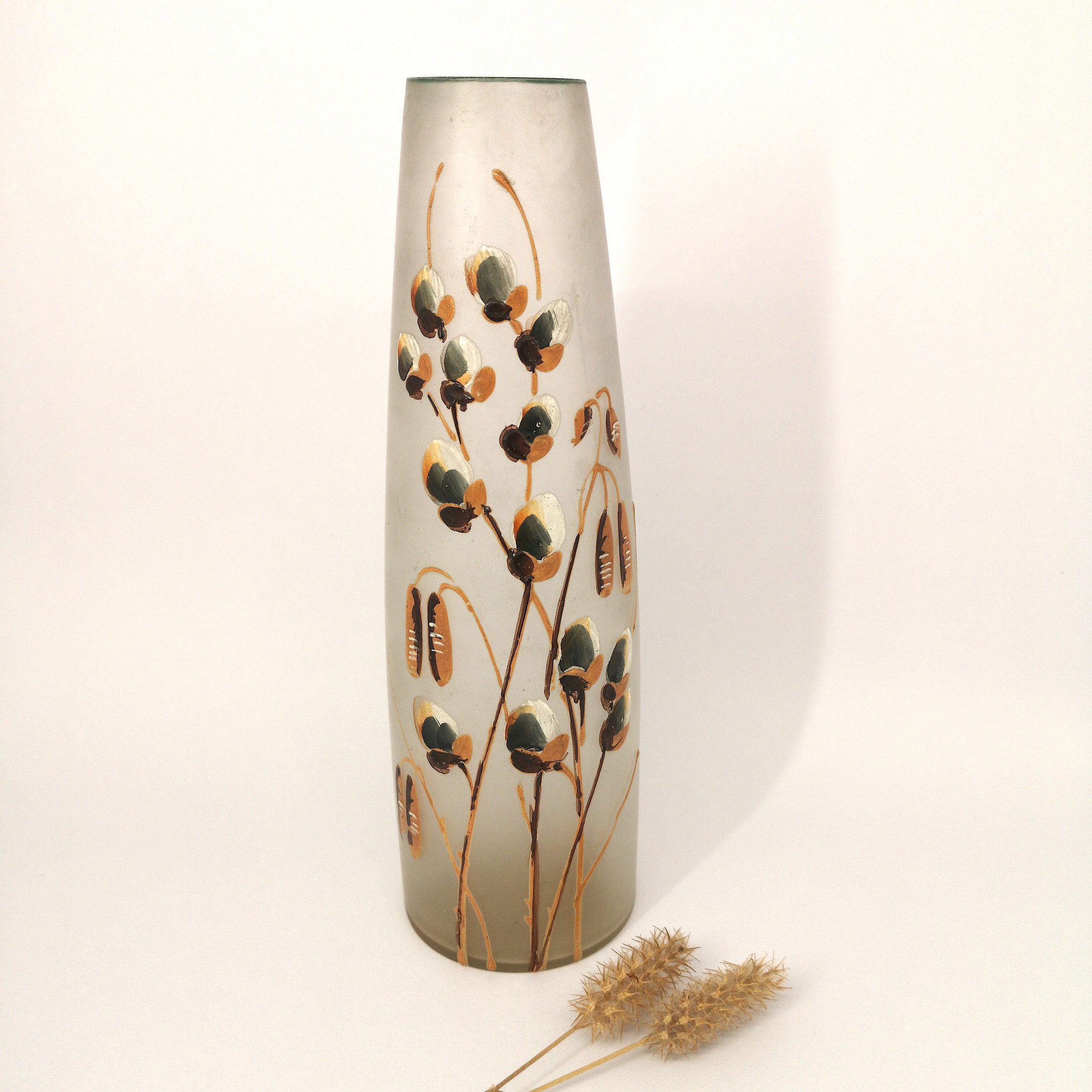 Vintage Vase Pâte de Verre Haut Grand Transparent Decor Maison Decoration Fait Main Peint Motif Fleu
