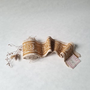 Vintage galon tissu/bande coton/écru blanc or doré bronze/brodé broderie/large épais long 250 cm/passementerie mercerie/français France