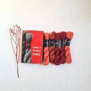 Vintage haberdashery reel/wool tapestry/assorted colors/red pink orange/French brand DMC/sewing France accessory supply tool/flea market