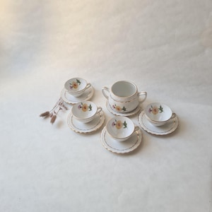 Vintage service thé café porcelaine fine L&#39;Amandinoise/France français ancien/blanc motif fleur liseré doré/élégant chic classique antique
