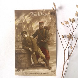 Vintage carte postale noir blanc guerre "Vers La Victoire" France correspondance éditions Gloria délivrance alliés 1915 lettre manuscrite