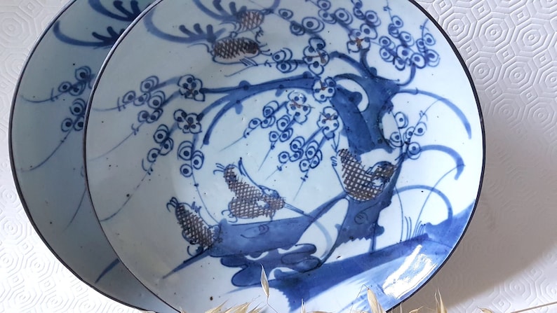 Vintage Plates set Porcelain Old China Asian Art Handcrafted Decor Blue Wall Decoration Home Interior Antiques Collectible flea market image 5