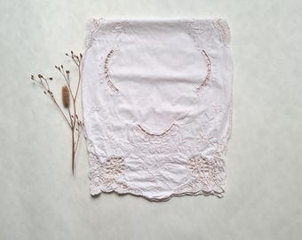 Vintage placemat/tablecloth centerpiece/rectangle white cotton/antique French handmade linen/crochet/swiss dot flower pattern/embroidery